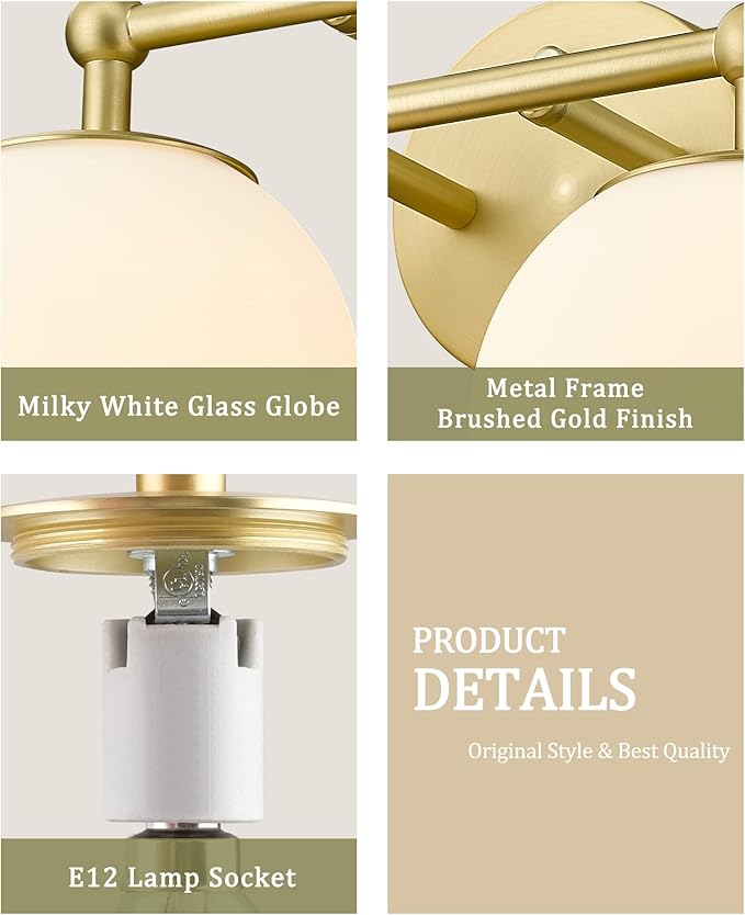 Gold Bathroom Light Fixtures, 2-Light Vanity Lights Over Mirror Wall Sconce - Image 6