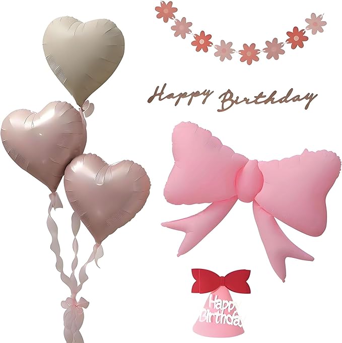 7 piece Bow Balloons Happy Birthday Bow and Heart Shaped Balloon Flowers Banner by GLASNES