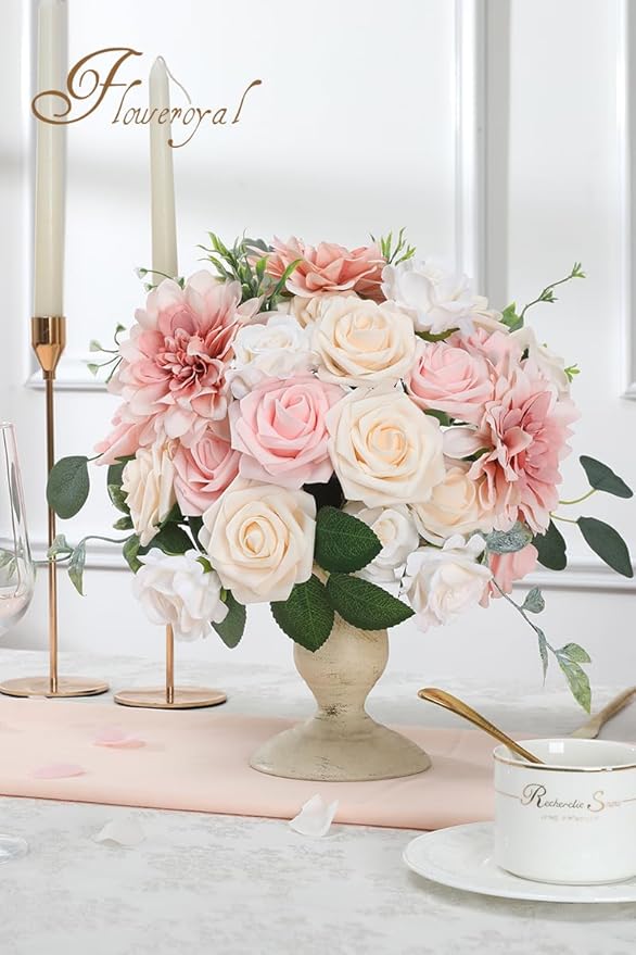 Floweroyal Artificial Pink Flowers Fake Rose Flowers Dahlia - Image 3