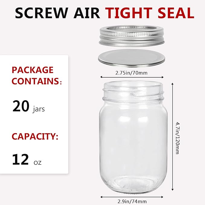 12 oz Glass Mason Jar, 20 Pack 360ml Canning Jars - Image 2