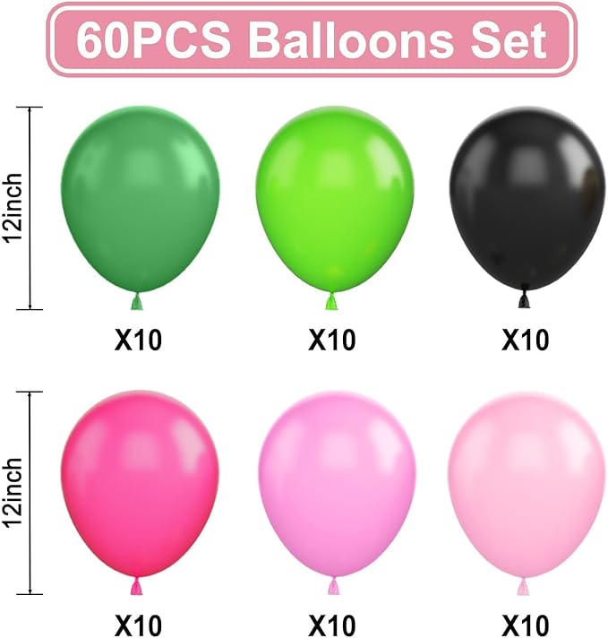 Black and Pink Green Balloons, 12 Inch Hot Pink Dark Light Green Black Latex - Image 2