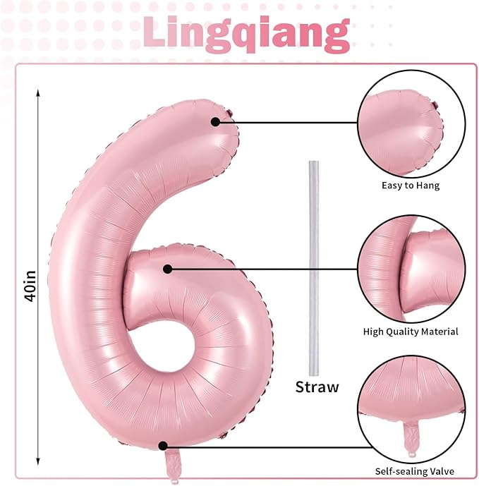 Pastel Pink Number 6 Balloons, 40 In Large Light Pink Number 6 Foil Helium - Image 2