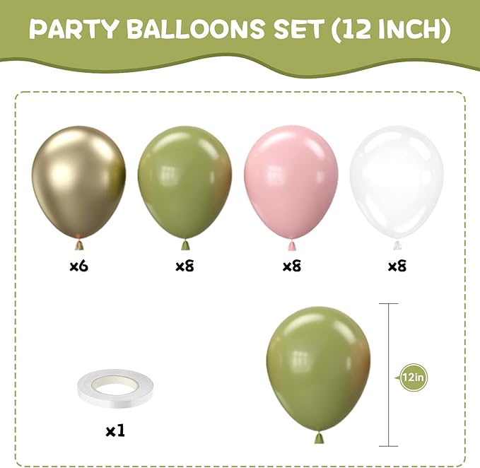 Retro Sage Green and Pink Balloons, 12 inch Metallic Gold Olive Green Pink - Image 2