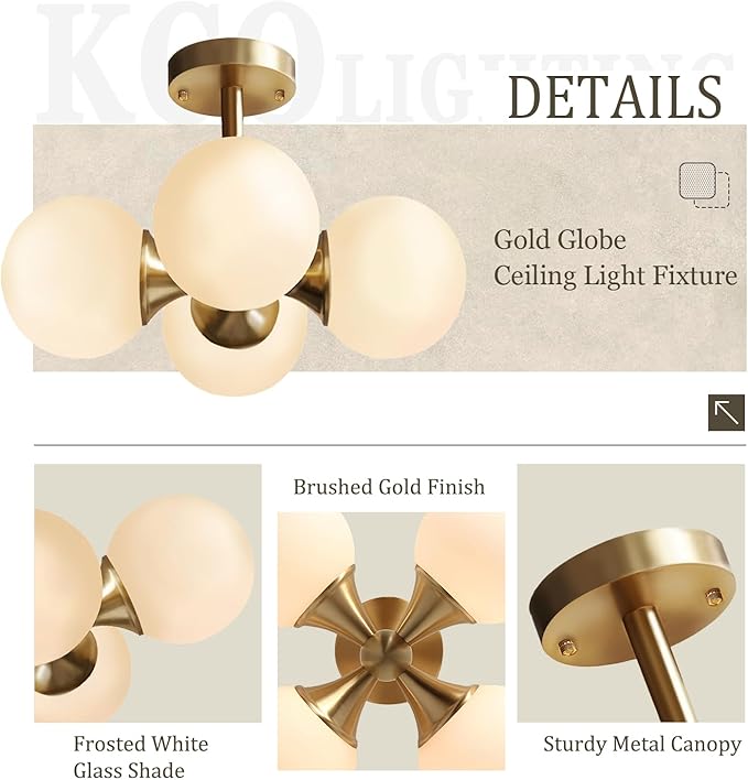KCO Lighting Antique Brass 4-Light Ceiling Light Mid-Century Frosted Glass - Image 3