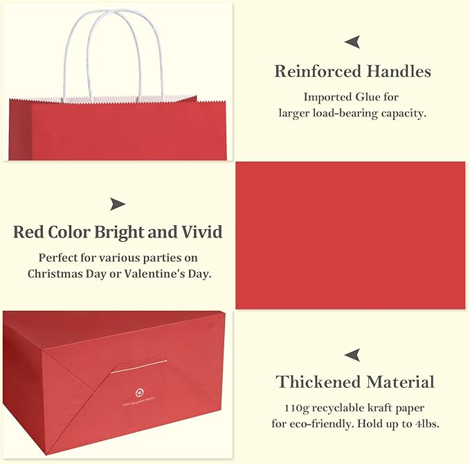 BagDream Red Gift Bags 10x5x13 Inch 100Pcs Large Kraft Paper Bags Bulk - Image 3