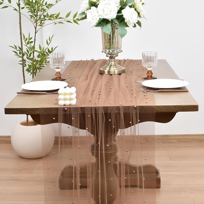 Joanlody Fall Pearl Table Runner 10ft Rustic Boho Tulle Table Runner - Image 2