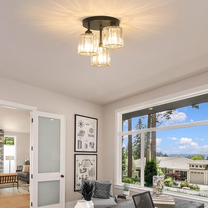 Crystal Semi Flush Mount Ceiling Light, 3-Light Modern Close to Ceiling Light - Image 3