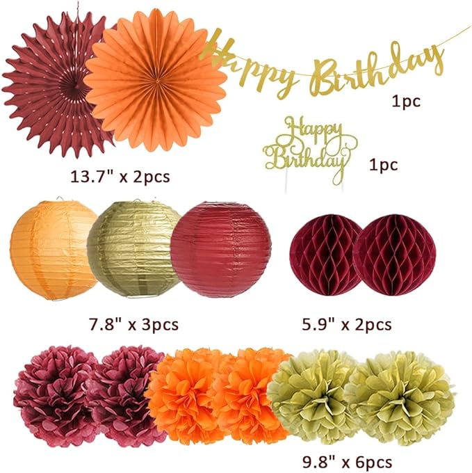 Fall Birthday Decorations Burgundy and Orange Party Decorations Pom Poms - Image 6