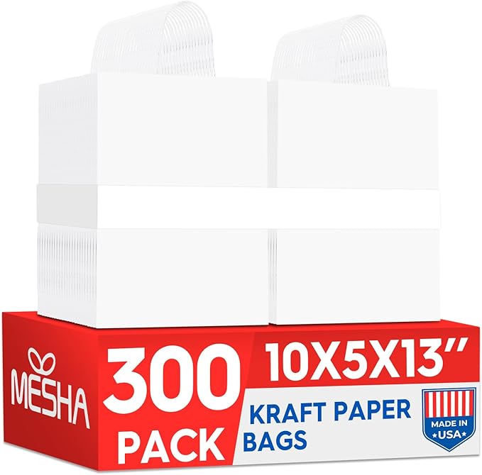 MESHA Gift Paper Bags 300 PACK 10X5X13 White Large Shopping Kraft Bags Bulk by MESHA