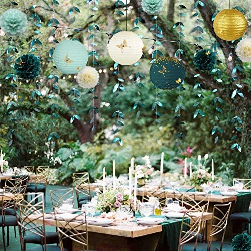 Hunter Green and Gold Hanging Tissue Lantern Flowers Pom Pom - Image 4