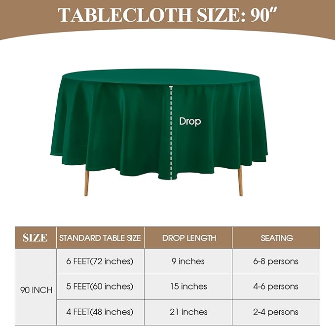 Round Tablecloth 2 Pack 90 Inch Dark Green Tablecloths Washable Decorative - Image 2