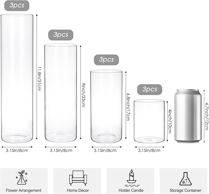 CEWOR 12pcs Glass Cylinder Vase 4, 11.8 Inch Glass Candle Holder Clear Vases - Image 2