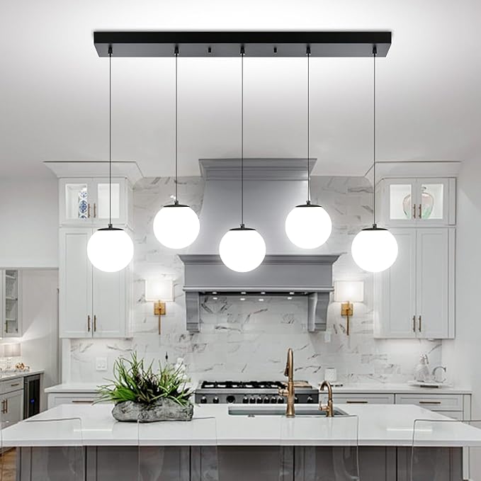 5-Lights Globe Pendant Light for Kitchen Island H 98" Black Rectangle by ShialLighting