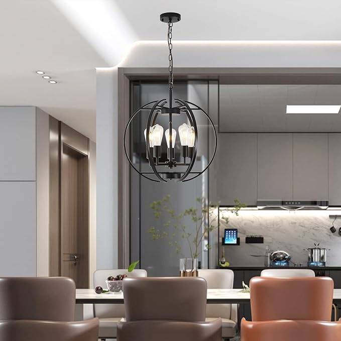 Large Lantern Globe Black Chandelier Lighting, Adjustable Hanging Ceiling - Image 3