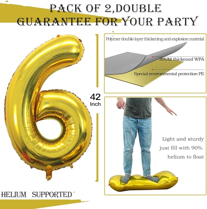 GOER Gold Foil Balloons Number 6, Huge Number Balloons - Image 3
