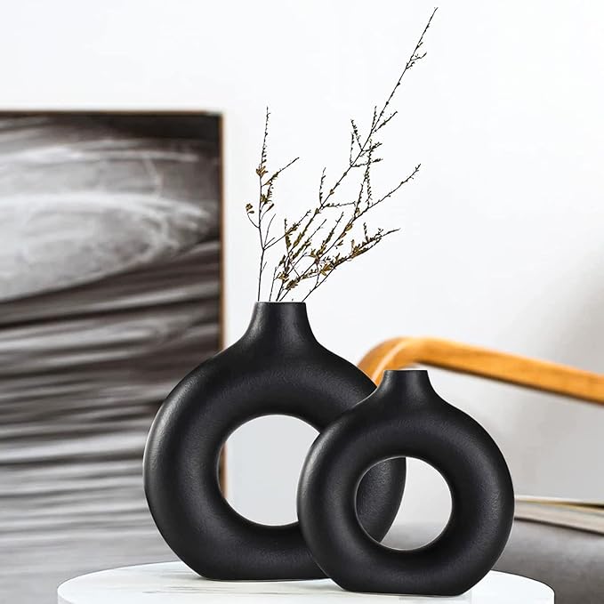 Black Ceramic Vase Set of 2 for Modern Boho Decor, Round Matte Pampas Flower by QLOFEI