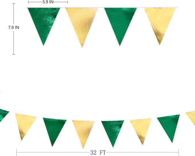 Green Gold Party Decorations Metallic Fabric Triangle Pennant Banner Flag - Image 2