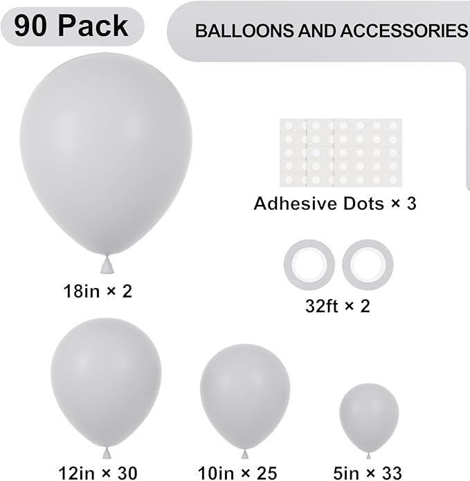 90pack Gray Balloons Different Size 18/12/10/5 Inch Pastel Grey Balloon Garland - Image 2