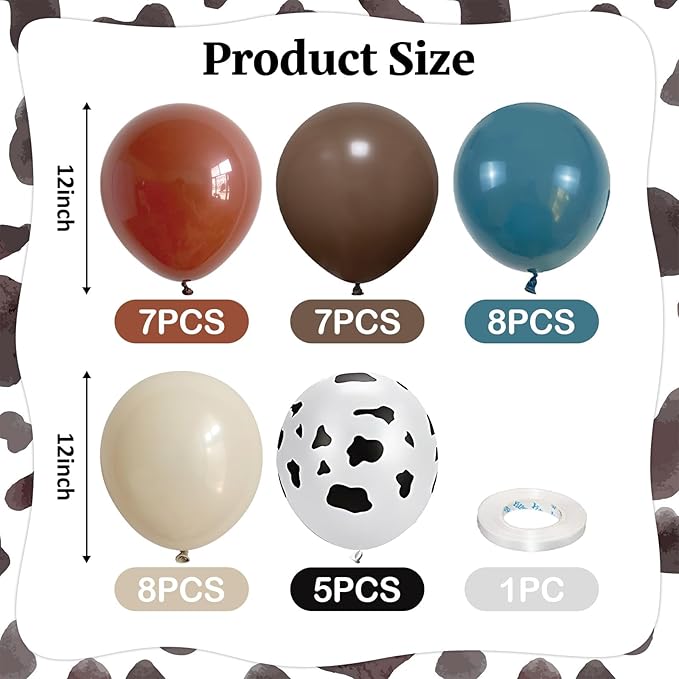 Cowboy Western Balloons, 12inch Cow Print Retro Coffee Brown Slate Dusty Blue - Image 3