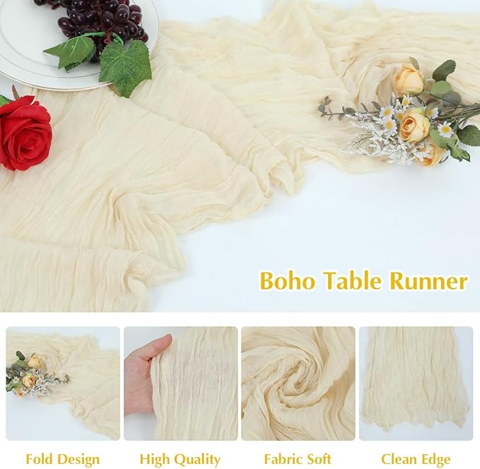 Beige Cheesecloth Table Runner -21*120Inch Long Boho Wedding Table Decor - Image 3