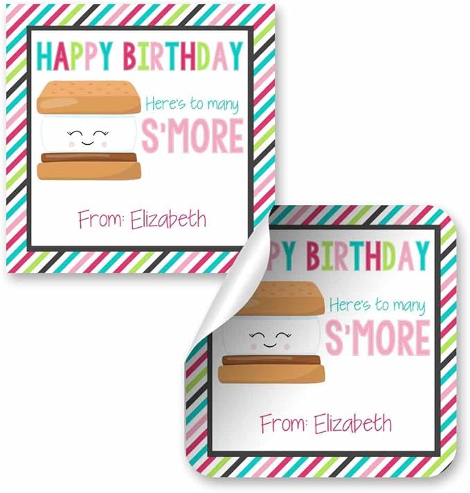 Custom & Personalized Many S'More Happy Birthday Gift Tag Sticker Labels by AmandaCreation