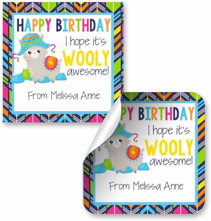Custom & Personalized Wooly Awesome Alpaca Happy Birthday Gift Tag Sticker by AmandaCreation