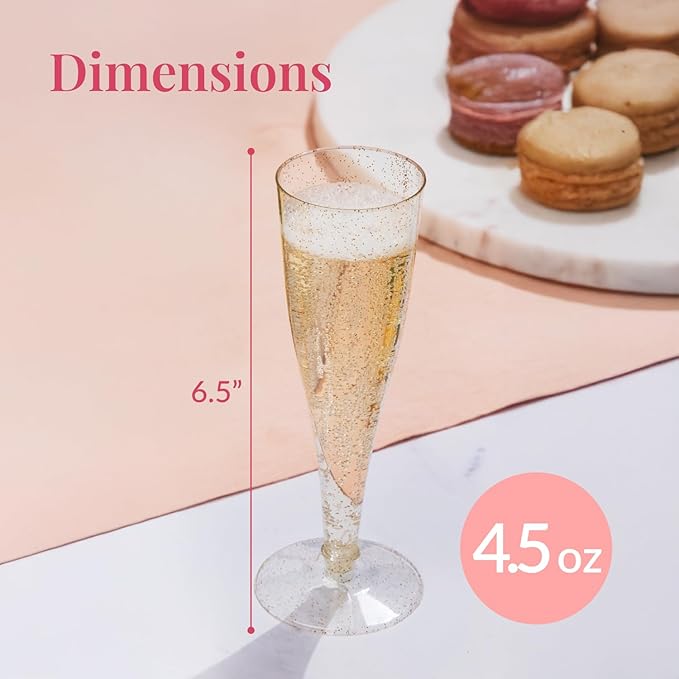 Prestee 200 Disposable Champagne Flutes Gold Glitter Glasses - Image 3