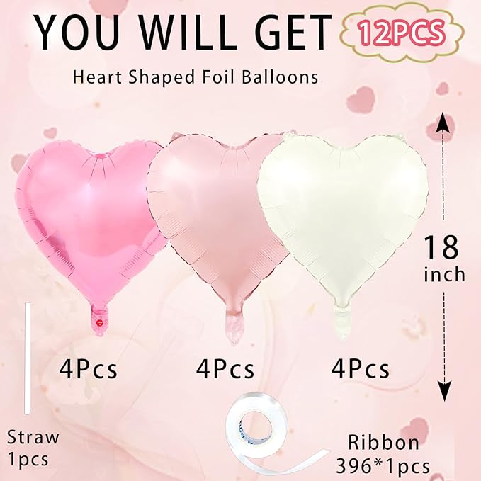 Pink Heart Balloons, 18inch Bright Pink Heart Shaped Foil Balloons & Pastel - Image 3