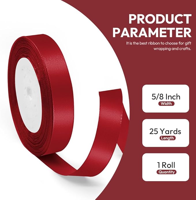 5/8" x 25 Yards Satin Ribbon, Scarlet Silk Ribbon Ideal - Image 2