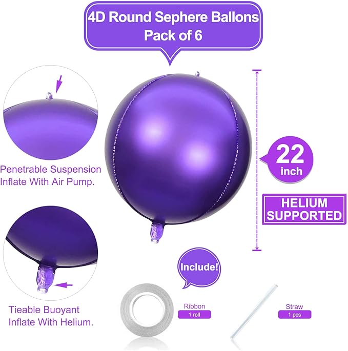 6 Pack 22 Inch 4D Purple Balloons Big Round Foil Balloons Purple Metallic - Image 2