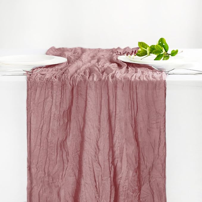 Hahuho Dusty Pink Cheesecloth Table Runner 10ft, Gauze Boho Rustic Table Runners - Image 4