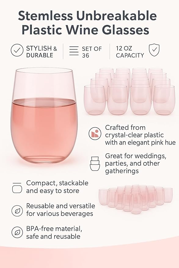 Oojami 36 piece Stemless Unbreakable Crystal Clear Plastic Wine Glasses Set of - Image 2