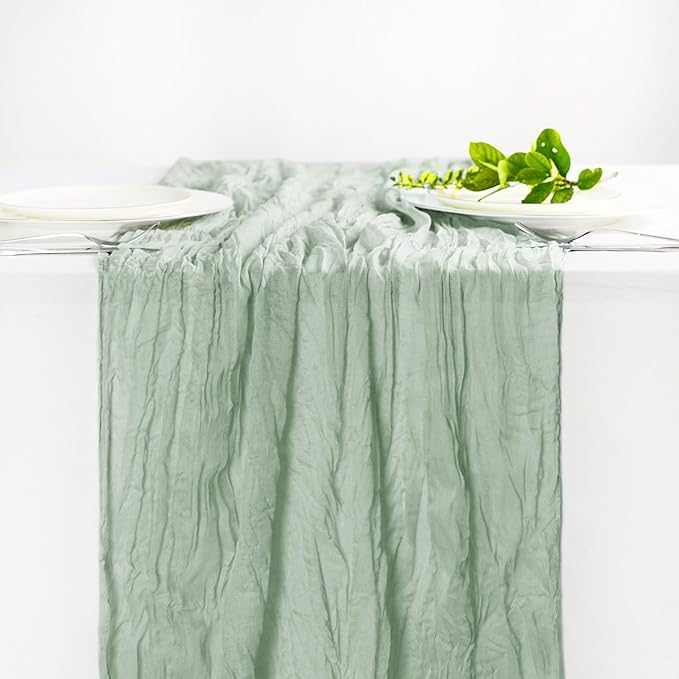 Hahuho Sage Green Cheesecloth Table Runner 10ft, Gauze Boho Rustic Table Runners - Image 4