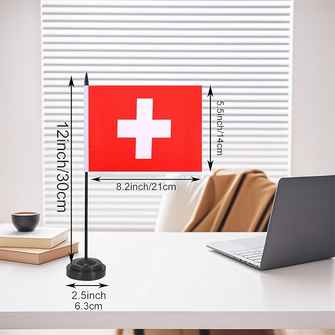 Switzerland Desk Flag 12" Solid Pole Deluxe Set Swiss Flags Banner Mini Small - Image 2