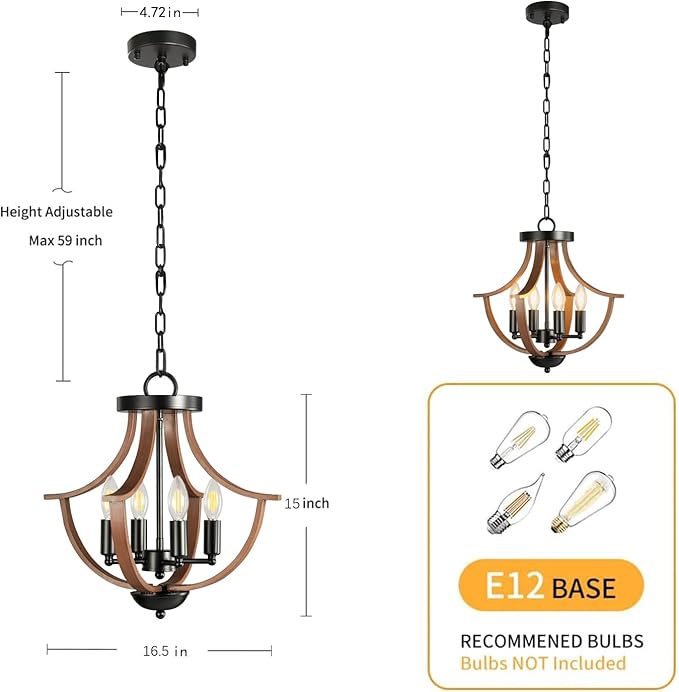 Farmhouse Chandelier, 4-Light Modern Hanging Pendant Lighting, Rustic Vintage - Image 4