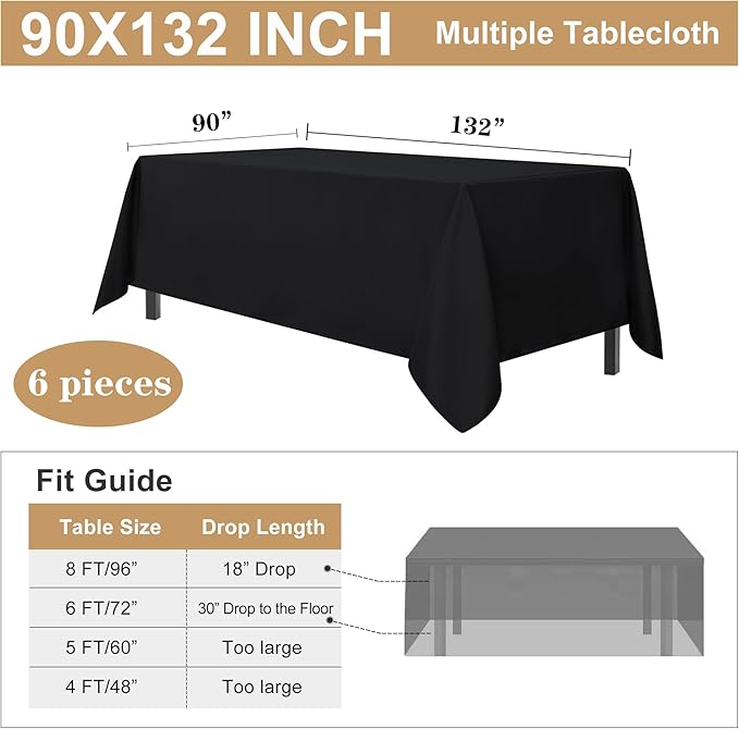 sancua 6 Pack Black Tablecloth 90 x 132 Inch - Image 7