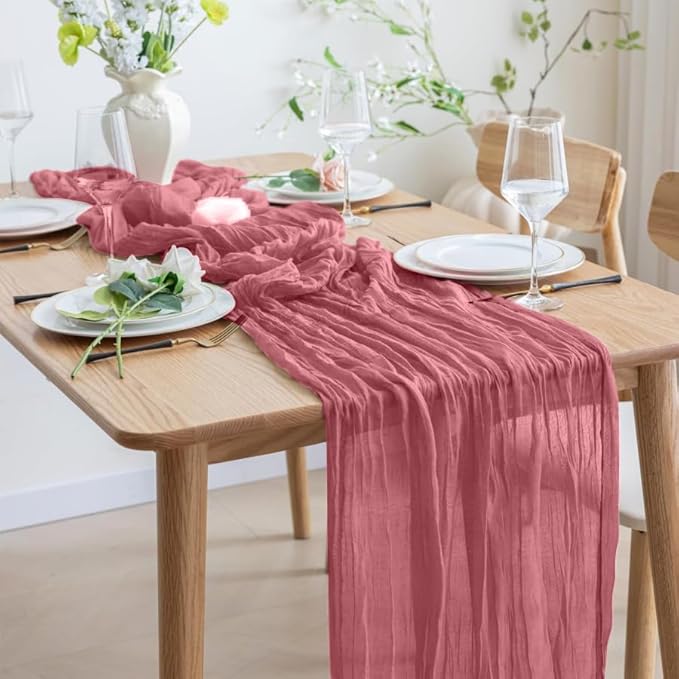 8 Pack 10Ft Table Runner 35x120 inch Dusty Rose Boho Gauze Table Cheese Cloth - Image 4