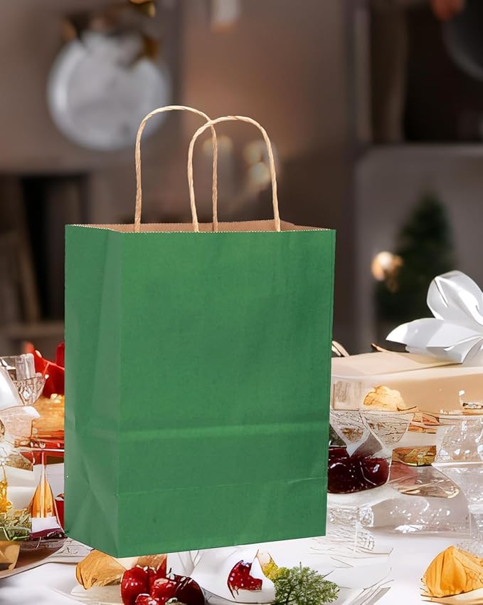 qiqee 100PCS Gift Bag with Handles Bulk Kraft Deep Green Paper Bags Multiple - Image 5