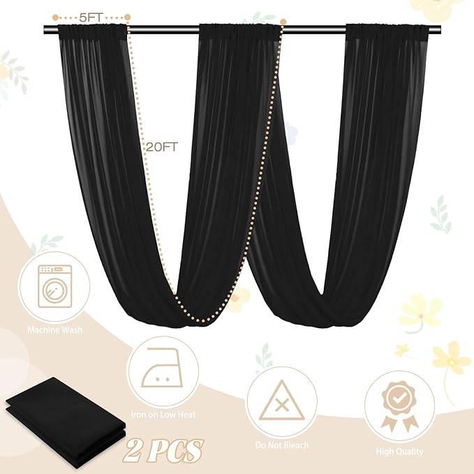 FUHSY Ceiling Drapes Black Wedding Arch Draping Fabric 5FTx20FT Chiffon - Image 3