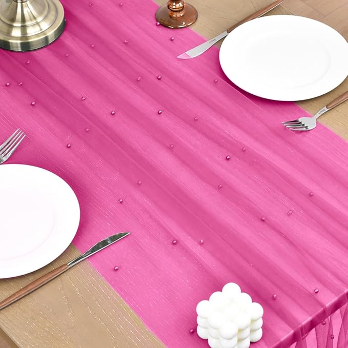 Joanlody Fall Fuschia Pearl Table Runner 10ft Rustic Boho Tulle Table Runner - Image 4