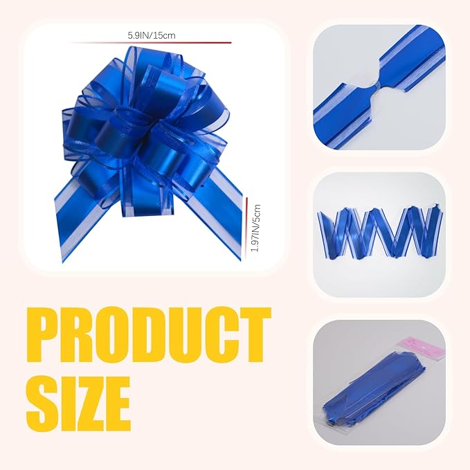 6 PCS 6 Inch Organza Blue Pull Bows - Image 2