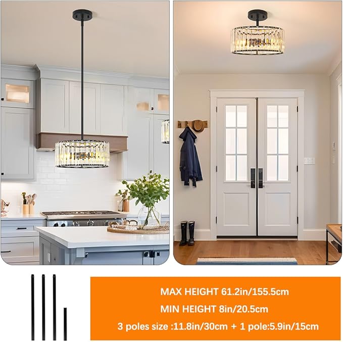 Black 3 Light Crystal Chandelier, Modern Dining Room Light Fixture over Table - Image 4