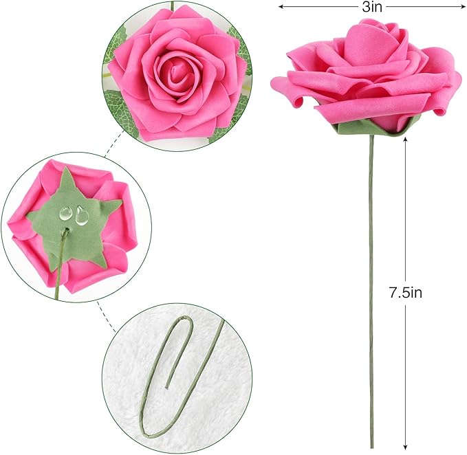 AmyHomie 25pcs Real Looking Artificial Hot Pink Roses w/Stem - Image 7