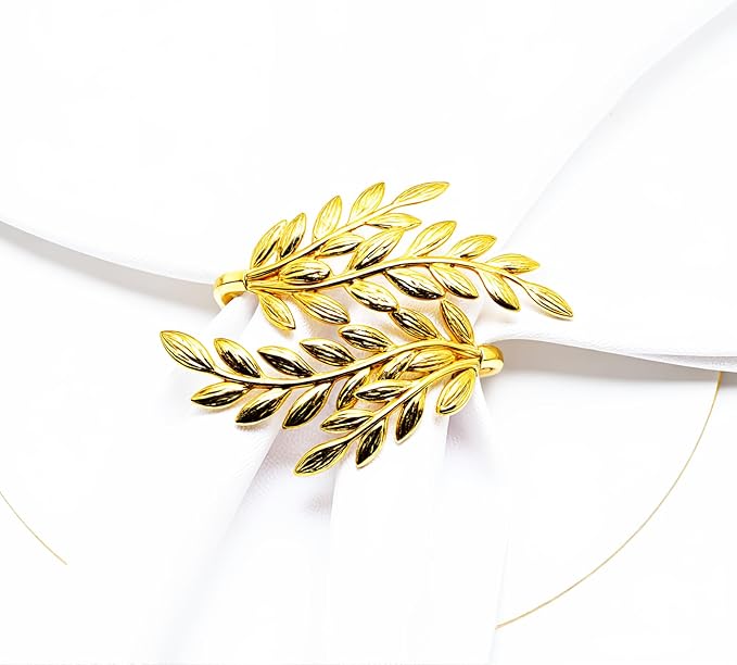 Gold Leaf Napkin Rings Set of 6, Metal Wheat Leaf Napkin Rings - Image 3