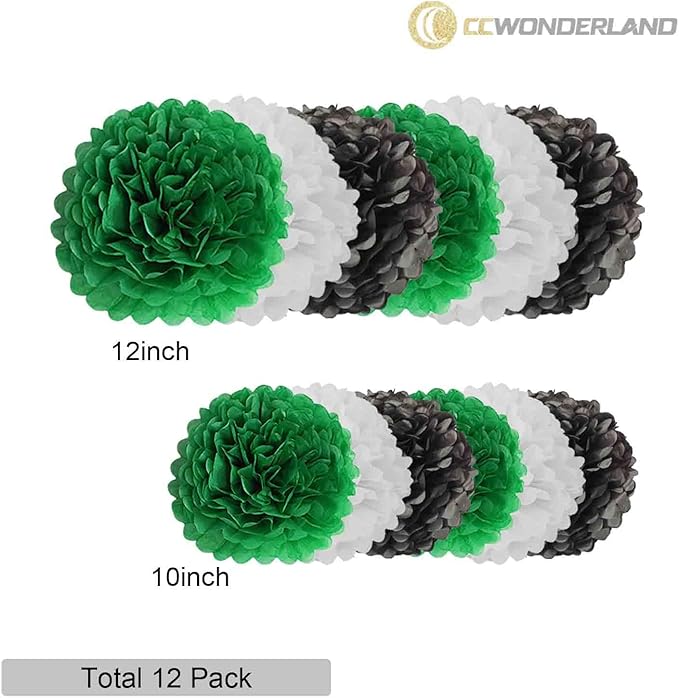 Black Green White Paper Pom Poms - Image 2