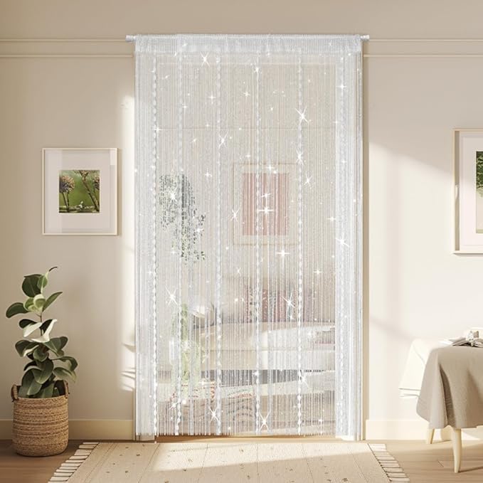Hysenm Door String Curtains 39x79 Inch White Panel Soft Balls Romantic Glitter - Image 5