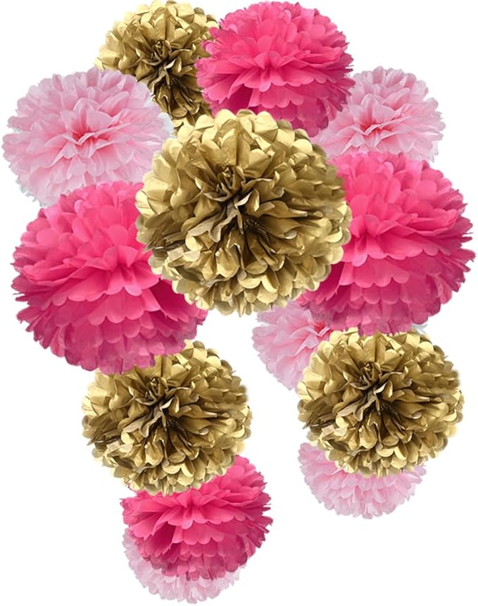 Gold Hot Pink and Pink Paper Flower Tissue Pom Poms by MOWO
