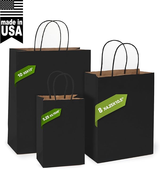 MESHA Gift Paper Bags 300 PACK 8x4.25x10.5'' Black Medium Shopping Kraft Bags - Image 2