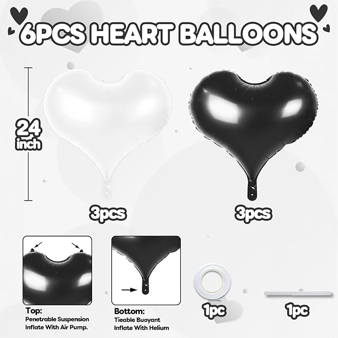 24 Inch Black White Heart Balloons - Image 2