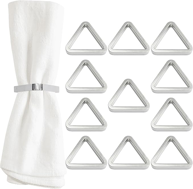 Shiny Silver Napkin Rings Set of 12, Triangle Style, Modern Cuff Design by Homewear
